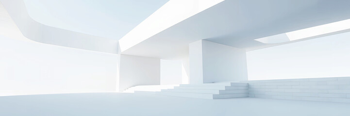 Fototapeta premium A bright white architectural interior with stairs and geometric shapes under a skylight above
