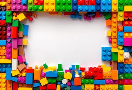 Colorful toy bricks forming a rectangular frame, frame, plastic
