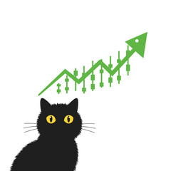 Flat icon of black cat looking at rising stock market graph with green arrow
