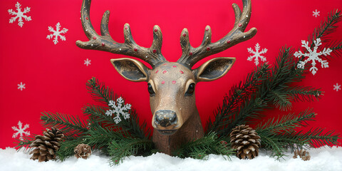 A decorative deer head adorned with spots is featured against a vibrant red backdrop. Pine branches, pine cones, and snowflakes enhance the festive atmosphere