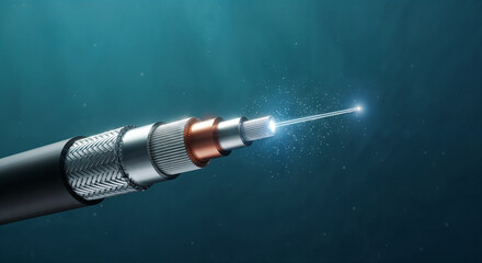 3D Render of Submarine Fiber Optic Cable with Braided Shield and Glowing Signal Core Underwater.