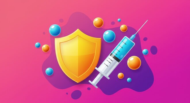 colorful illustration of syringe and shield surrounded by floating bubbles against pink background. highlights health protection and immunization. national immunization awareness. healthcare banner