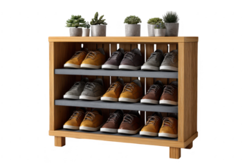 Wooden three tier shoe rack filled with assorted footwear isolated on transparent background