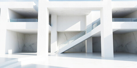 Obraz premium A modern white building interior with stairs and columns in a minimalist architectural design