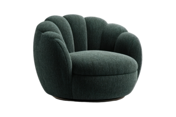 Teal, plush, rounded armchair with scallop-edged back