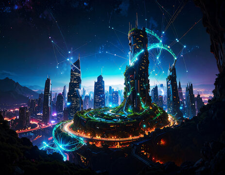 建物の中核を担うのは、合成DNAベースの情報伝達網。DNA構造を用いたナノプロセッサが患者の情報を光ファイバーの代わりに伝達し、診断・治療が細胞レベルで同期的に進行する都市景観