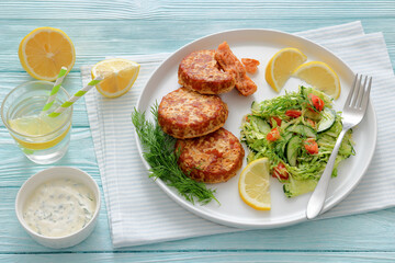 Hot Smoked salmon burgers, patties and coleslaw