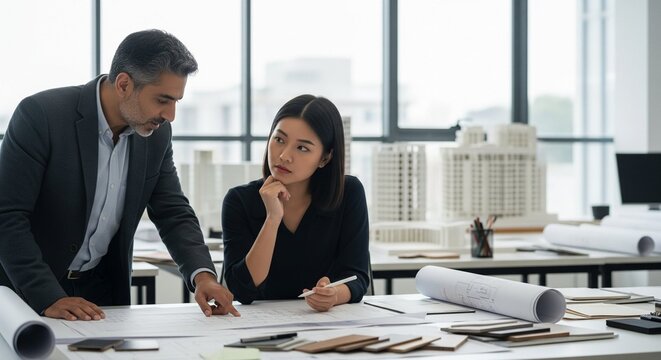 Diverse architects team collaborating on blueprint, discussing construction plan, real estate project, building design at office workplace. - Powered by Adobe