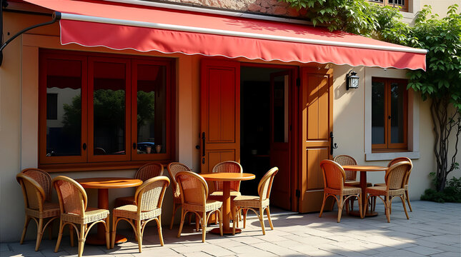 Cafe with outdoor tables and red awning