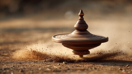 Wooden spinning top in mid-air, dust swirling