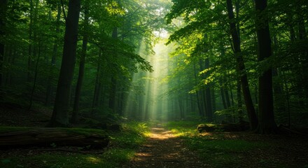 Fototapeta premium Serene Green Forest Path Sunlight Filtering Through Tall Trees in Natural Wilderness