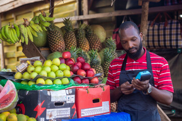 african market man selling fruits items counting money