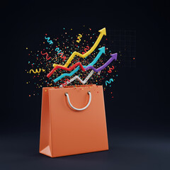 Vibrant 3d illustration of shopping bag with colorful growth arrow chart exploding out. joyful symbol of retail sale success and business celebration