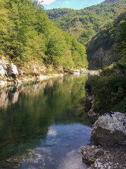 Clear River Flowing Through Lush Forest Valley