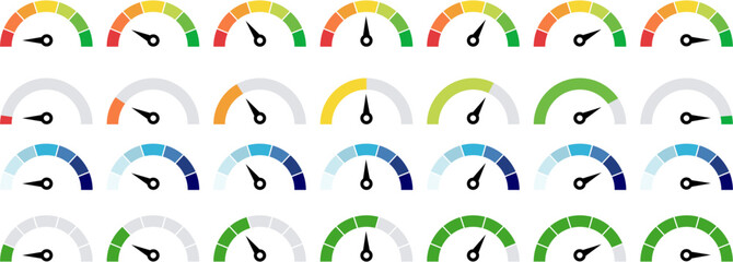 Speedometer and gauge meter icon set. Vector scale and dial indicators in green red color for performance, risk, progress, score, level