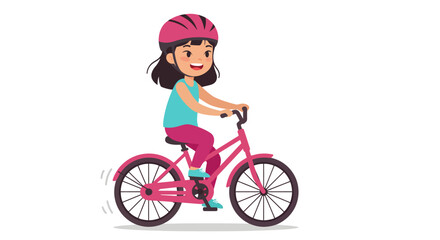 Cartoon girl with pink helmet riding a pink bicycle smiling happily.