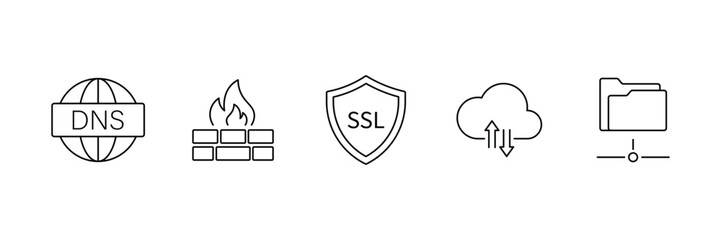 DNS firewall SSL certificate cloud upload download folder sharing icon vector illustration for security, protection, server, internet, access, connection, encryption, hosting, firewall.