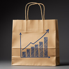 Brown paper shopping bag with hand drawn growth chart symbolizing business success, retail sales, and profit. An isolated conceptual image showing positive progress and optimism