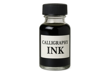 Small clear glass calligraphy ink jar with black screw top lid and white label on transparent background