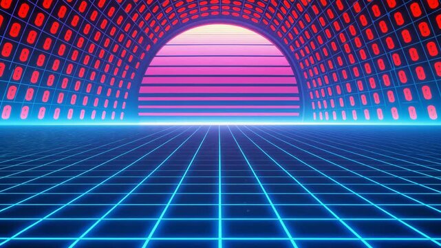 Synthwave digital landscape showing binary code in a tunnel with a glowing grid.