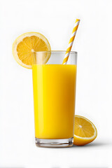 Glass of citrus juice with lemon slices and striped straw. Bright and healthy layout ideal for food and drink promos, summer campaigns, or wellness branding.