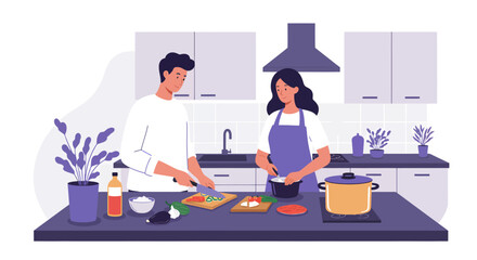Couple preparing a meal together in a modern kitchen setting.