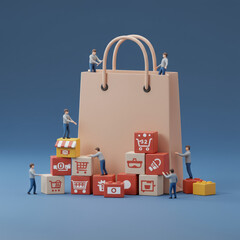 Fototapeta premium Miniature people busy building an online e commerce business. 3D rendering concept of retail marketing with shopping bag and icons representing buying and selling