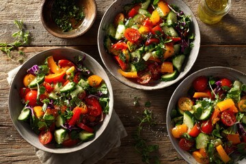 Fresh salads being served on wooden table to promote healthy eating habits
