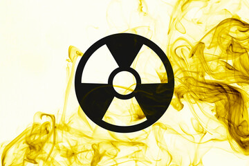 Radioactive sign and yellow toxic smoke against white background