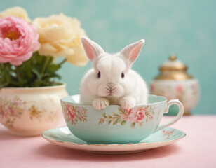 Adorable baby bunny sits in a floral teacup
