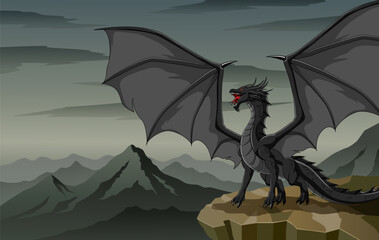 Fototapeta premium The Black Dragon in the mountains. Vector illustration of a dragon in the mountains.