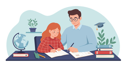 Father tutoring daughter with red hair writing in notebooks at a desk.
