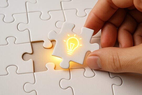 Illuminating Solution: A hand delicately places the final piece into a jigsaw puzzle, revealing a glowing lightbulb, symbolizing an innovative idea and the power of problem-solving.