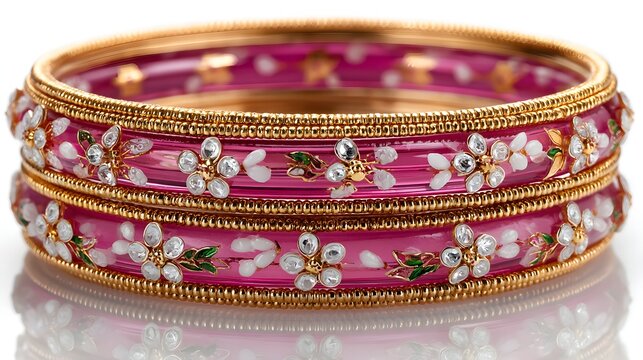Pair of pink bangles with floral designs.