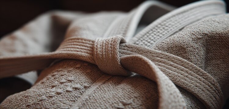 Close-up of gi fabric and black belt knot for jiu jitsu practice