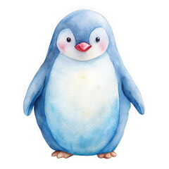 Adorable watercolor illustration of a cute blue penguin isolated on transparent background