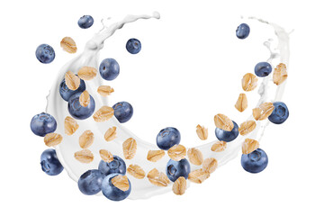 Oat flakes with fresh blueberries and milk splash flying on white background