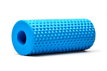 Textured foam roller for recovery and fitness, isolated on white background. Ideal for sports, physiotherapy, and home workout content.