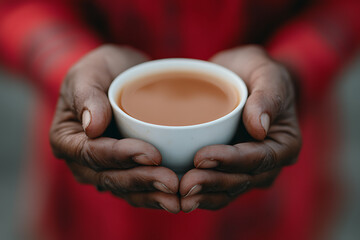 A moment of warmth and comfort: Hands holding a cup of tea, providing a soothing escape. Simple pleasures in life.