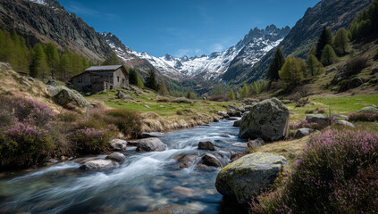 Picturesque Mountain Stream with Rustic Alpine Cabin
