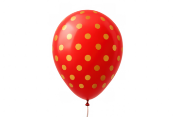 Festive red balloon sporting golden polka dots, weightlessly drifting against transparent backdrop, ideal for celebratory events