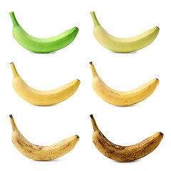 Ripening stages of banana fruits on white background, collage