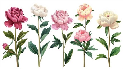 Set of beautiful peony flowers on white background