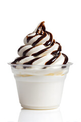 Delicious swirl of vanilla soft serve ice cream in white paper cup, isolated on white background, perfect for dessert, food ads, or summer treat themes.