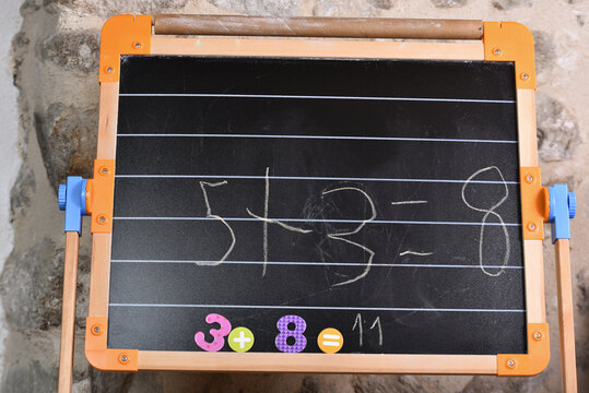 Black school board with mathematical addition primary school teaching, numbers five, eight