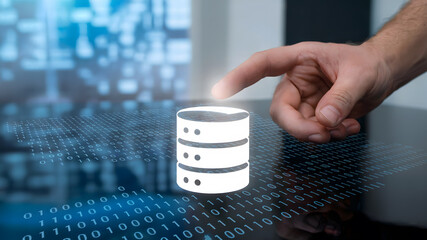 Expertly accessing digital data streams, a human finger interacts with a glowing database icon amidst a futuristic binary code landscape.