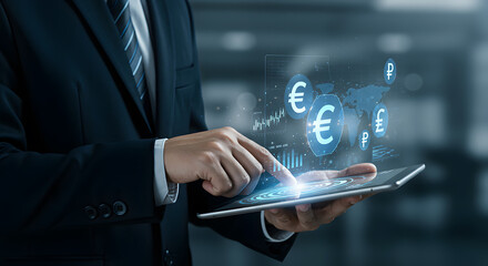 Businessman using tablet displaying financial data and global currency exchange information