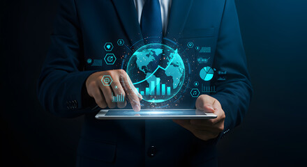 Businessman using digital tablet with global network and financial data visualization