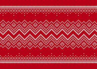 Red and white Christmas seamless ornament. Fair isle traditional holiday background. Xmas print border. Red knitted geometrical pattern. Festive sweater. Vector illustration.