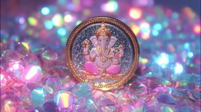 ganesha coin with glitter and holographic background — symbolic image for spiritual content, festive design, indian culture, or wealth and prosperity concepts